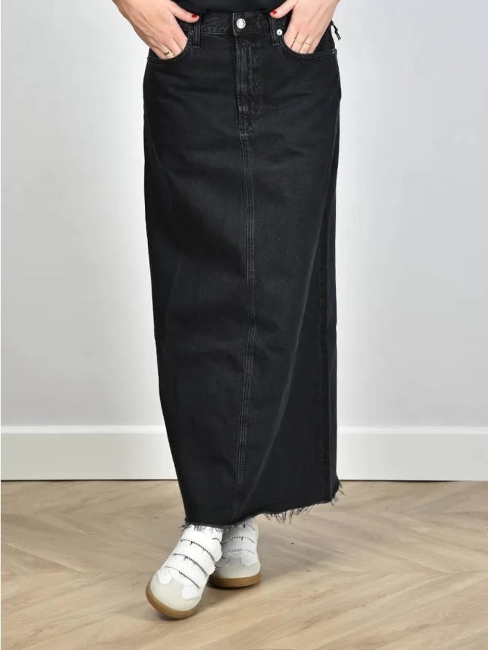 AGOLDE Hilla Distressed Organic Denim Maxi Skirt Size 28